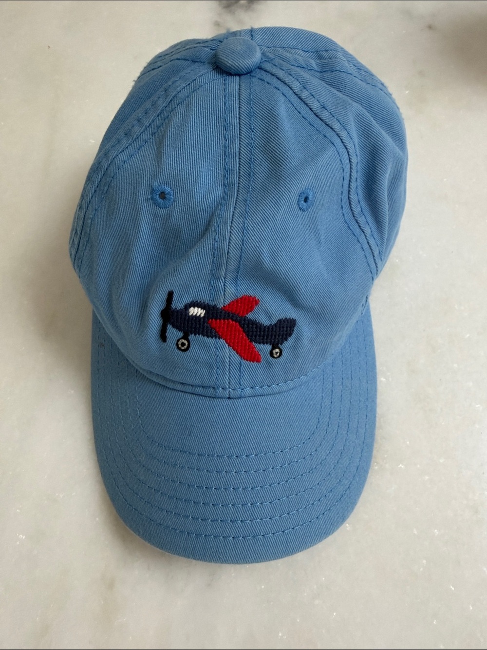 Light Blue Kids Baseball Cap with Red & Navy Plane Embroidery
